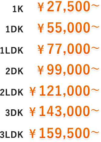 1K ¥25,000～ 1DK ¥50,000～ 1LDK ¥70,000～ 2DK ¥90,000～ 2LDK ¥11,500～ 3DK ¥130,000～ 3LDK ¥130,000～